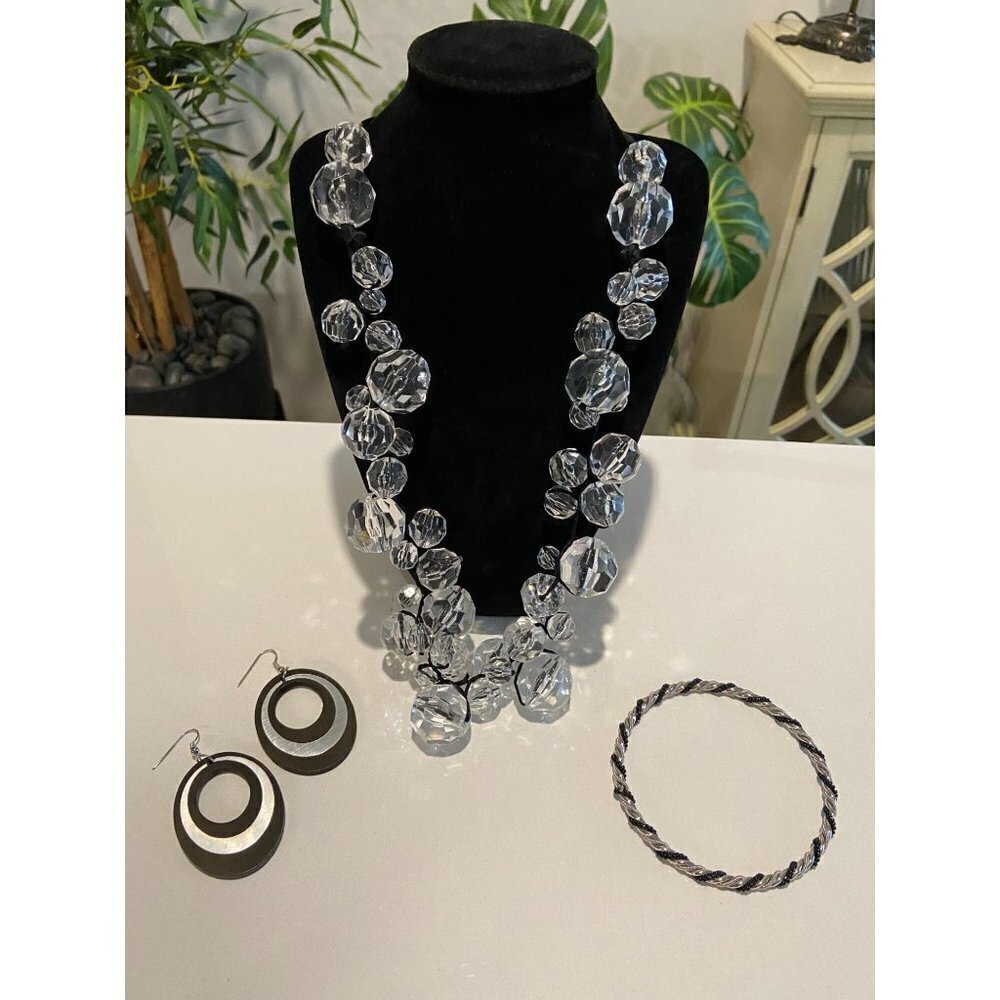 Faceted clear bead necklace, Silver‎ & Black bangle bracelet and dangle earrings